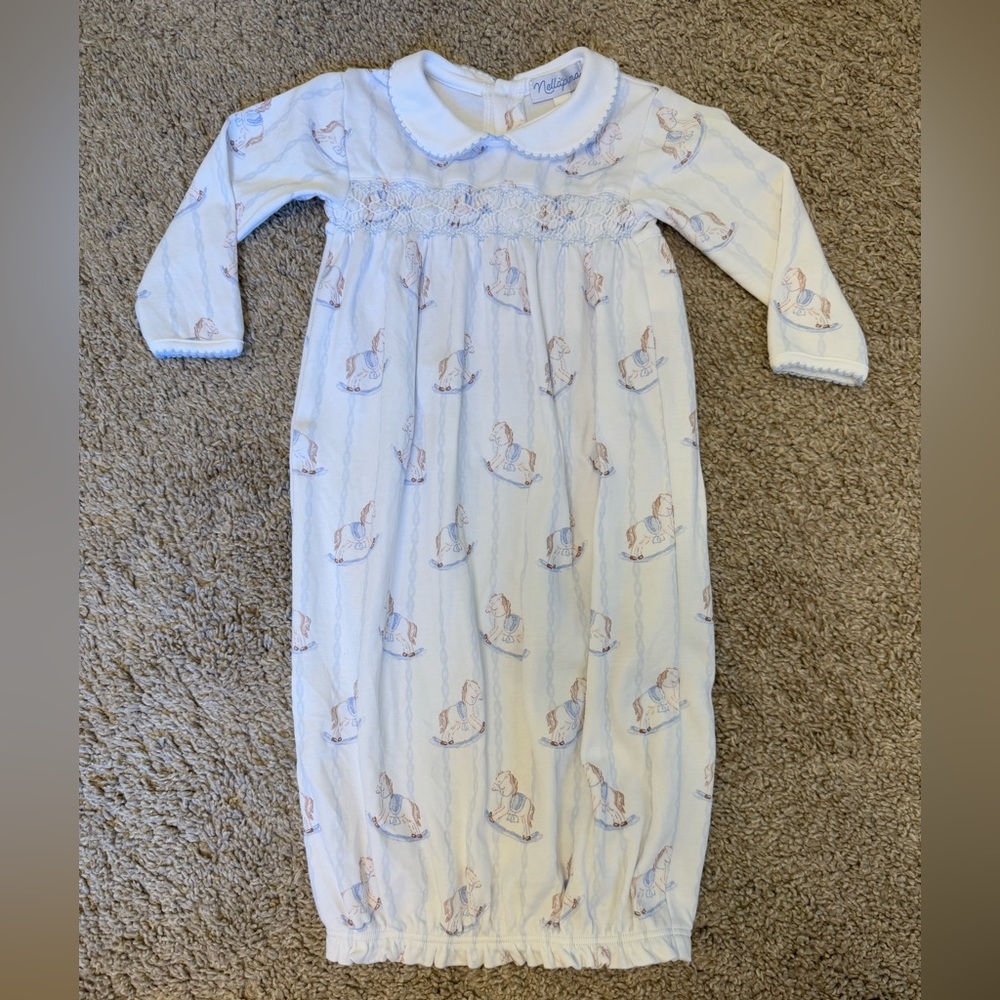 Baby Rocking Horse Gown with Blue Trim